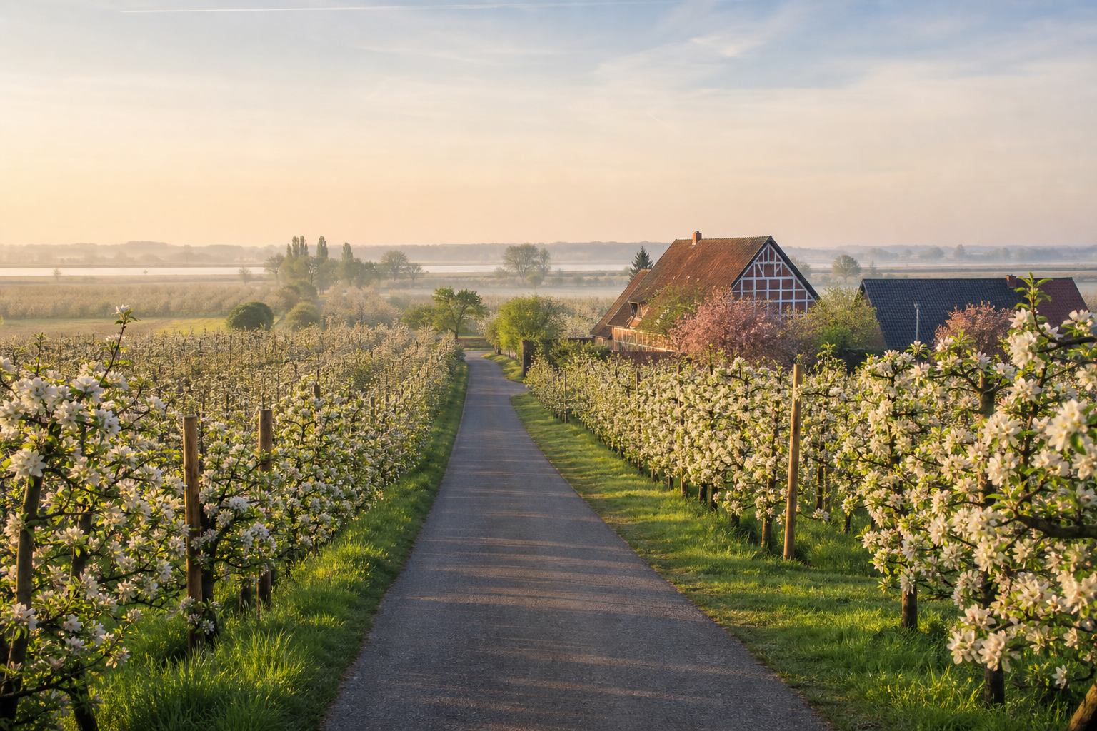 Blühende Apfelallee im Altes Land bei Morgenlicht