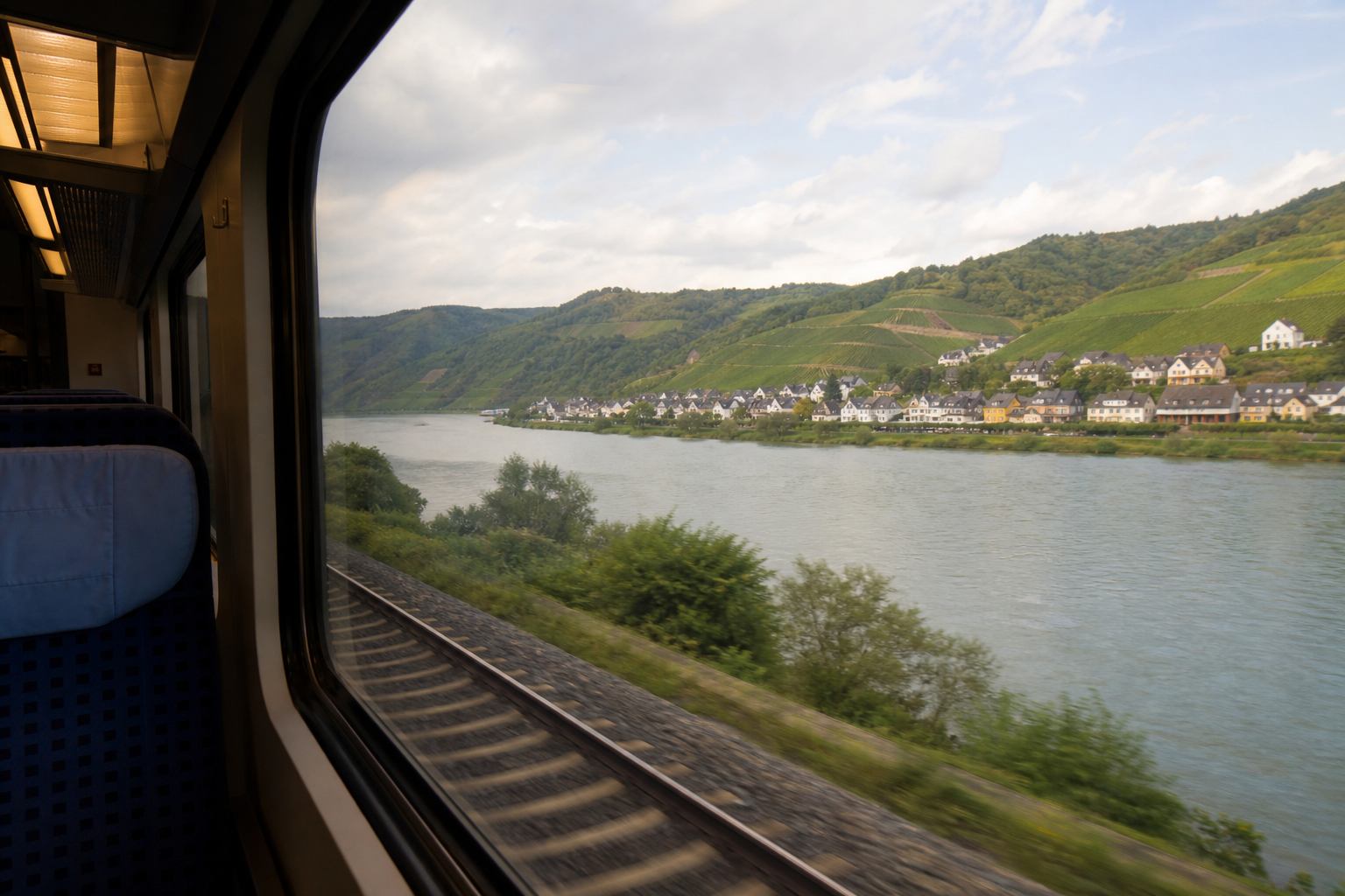 Blick aus dem Regionalzug auf Flusstal und Obsthänge